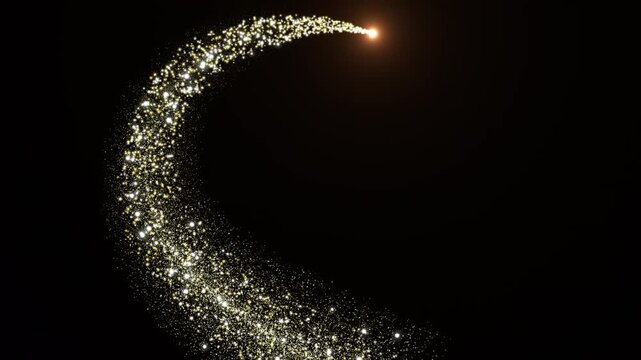 Golden sparkle glitter text title reveal underline trail, glittering shimmer stroke swirl motion with magic light flare, black background elegant cinematic animation design element in 4K