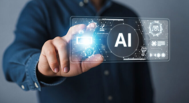 Businessman Touching Artificial Intelligence AI Hologram Futuristic Technology Interface Screen Concept