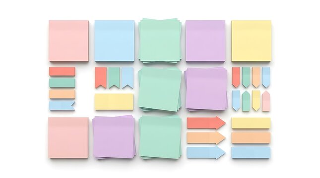 Set of colorful pastel sticky notes and paper tabs on white background