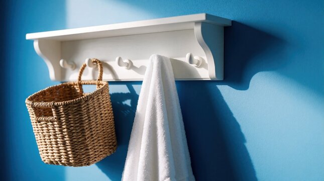 White wooden shelf with hooks hangs on bright blue wall. Woven wicker basket, soft white towel hang from hooks. Minimalist interior decor creates clean organized look in bathroom entryway. Simple