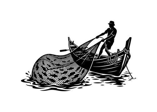 Vintage-style black-and-white of a fisherman casting a large net from a small boat black and white fisherman