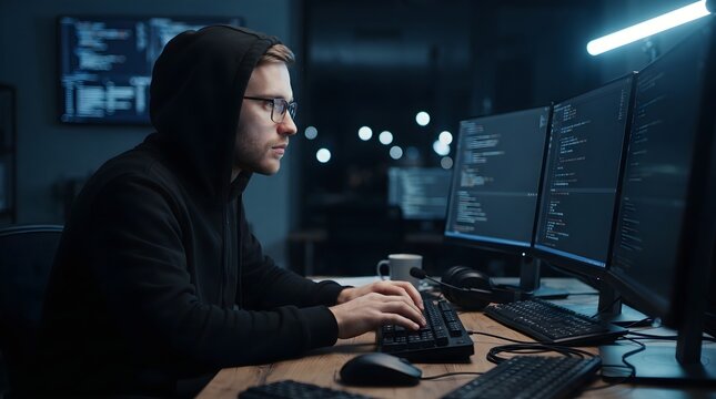 Cybersecurity hacker and computer programmer writing code on multiple monitors in a dark room late at night showing technical digital expertise