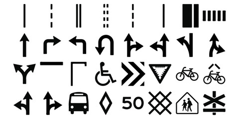 Collection of various black road markings and traffic signs for urban navigation and highway safety design © SAYEDUR