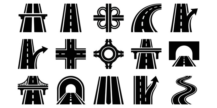 Set of black highway road icons showing various infrastructure elements isolated on a white background for website design templates.