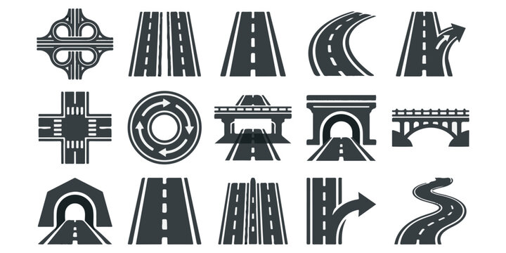 Set of various road icons featuring highway networks and street intersections isolated on a white background for infrastructure design.