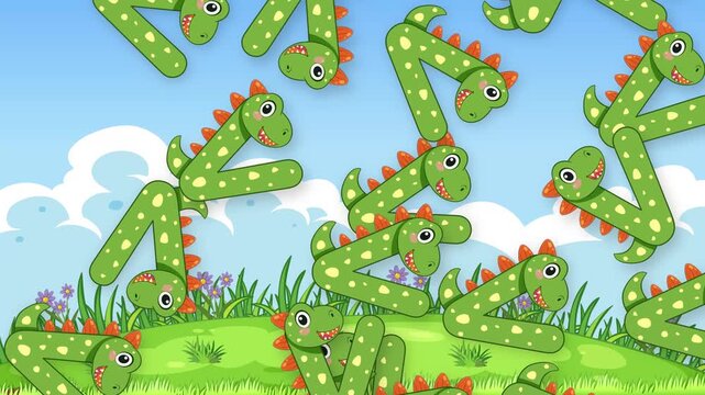 Cartoon Dinosaur Shaped Objects Falling Over a Grassy Hill Background