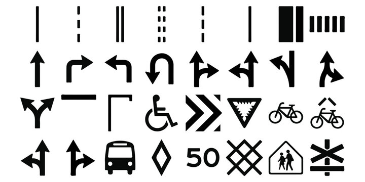 Collection of various black road markings and traffic signs for urban navigation and highway safety design