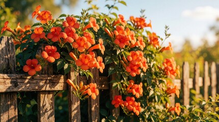 Naklejka premium Bright orange trumpet flowers grow on a rustic wooden fence. Green leaves and sunlight create a vibrant natural garden scene. This scene evokes warmth and beauty.