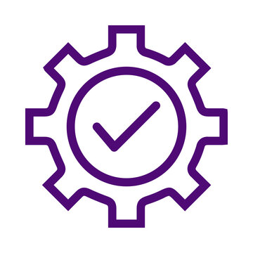 Purple gear icon with a checkmark symbol representing mechanical success and optimized technical settings for professional applications transparent background