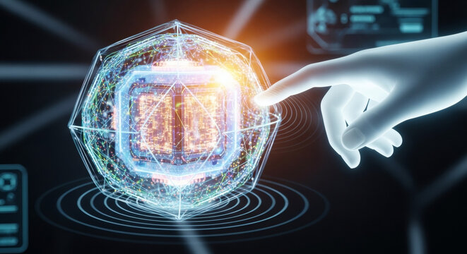 Futuristic Artificial Intelligence Concept Featuring a Robotic Hand Interacting with a Glowing Digital Quantum Processor Hologram
