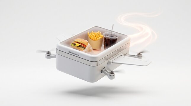 Autonomous food delivery drone carrying fast food meal. Futuristic drone technology for burger and fries transport. Modern logistics concept. isolated PNG with Transparent Background