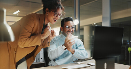 Team, clapping and business people with laptop at night, info or happy for financial success on web. Accountant, working late and colleagues with technology, excited and audit achievement in office