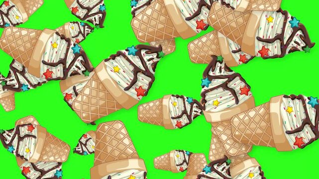 Animated Falling Ice Cream Cones with Chocolate Drizzle on Green Screen
