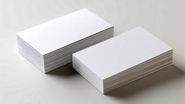 Blank Business Cards Stacked: Two neat stacks of blank white business cards ready for customization, ideal for professional use or branding.