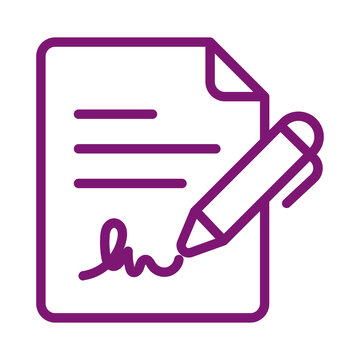 Purple outline icon of a document page with a pen signing a contract transparent background
