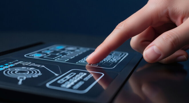 A person using a futuristic transparent digital tablet with glowing interface elements and data displays