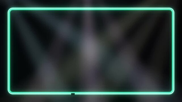 Green Neon Frame with Moving Stage Spotlights and Dark Background