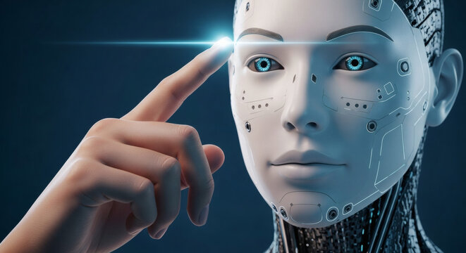 Artificial Intelligence Robot Touching Futuristic Interface with Glowing Eye Technology Concept