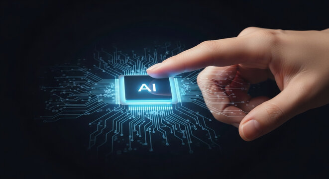 Human hand touching a glowing artificial intelligence microprocessor chip with digital circuit background representing future technology
