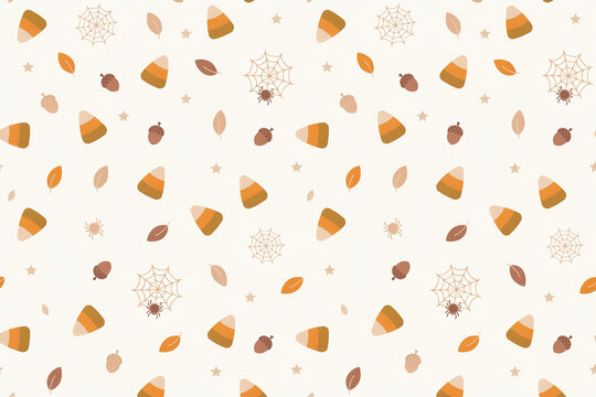 Seamless Halloween pattern with candy corn and snowflakes on white background, orange and beige festive print for wrapping paper or textile