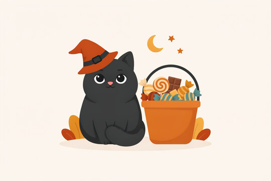 Cute black cat sitting beside bowl of ramen noodles with shrimp and egg, cozy cartoon illustration on beige background for menu or food blog
