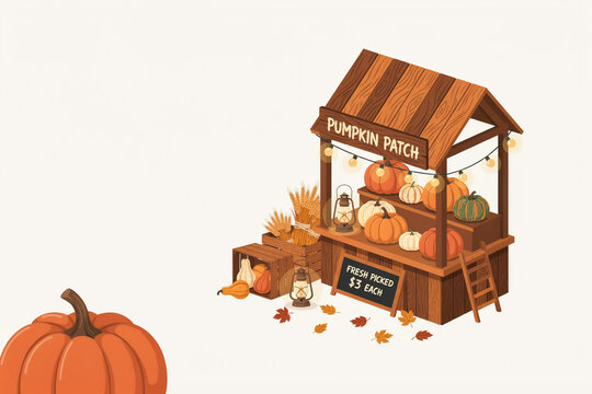 Rustic wooden pumpkin patch stand with autumn pumpkins and leaves on light background, cozy fall harvest market illustration for seasonal promotion