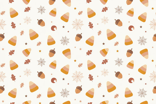 Seamless Halloween pattern with candy corn, pumpkins and bats on light beige background, cute autumn repeat for wrapping paper, fabric and web