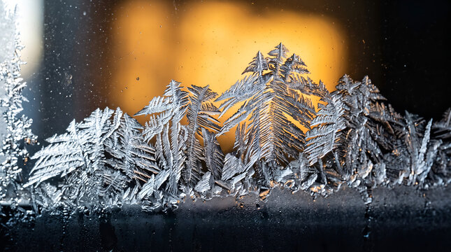 macro shot of frost patterns on glass resembling pine trees with warm background light