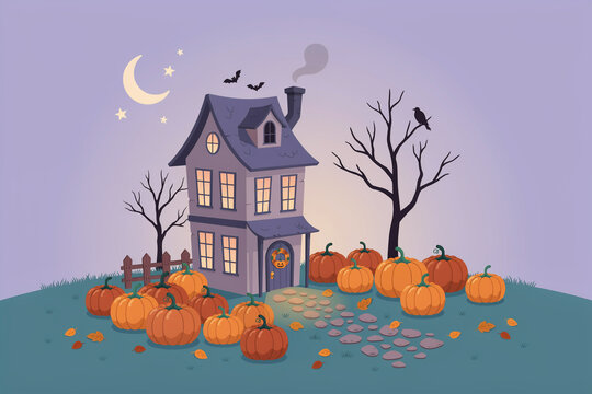 Whimsical haunted house with glowing windows, pumpkins on grassy hill at night, cute Halloween cartoon illustration for seasonal party invites