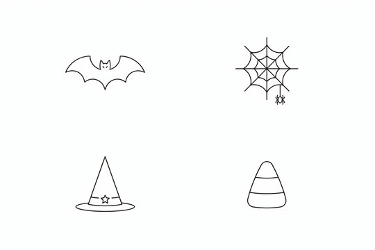 Minimal black outline Halloween icons on white background, bat and spider web with hat and candy corn, simple line art for web and print