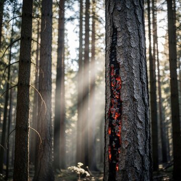 Tree trunk shows burning wood with red glowing embers deep within charred bark. Forest fire aftermath scene with sun rays piercing through smoky air. Concept of destruction and investigation.