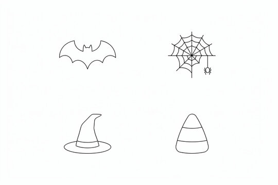 Minimal Halloween line icons set on white background, bat silhouette, spider web, witch hat and candy corn. Simple outline clipart for web design