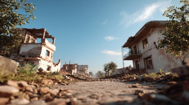 Ruined Village Under Blue Sky: The aftermath of destruction is evident as derelict buildings and debris litter a desolate path under a clear blue sky, evoking a sense of loss and desolation.