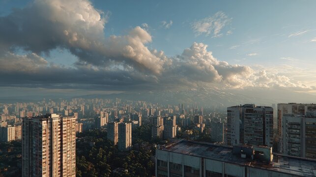 Urban Panorama Under Dramatic Skies: A sprawling cityscape stretches to the horizon, dominated by dense residential buildings under a dramatic sky filled with swirling clouds.