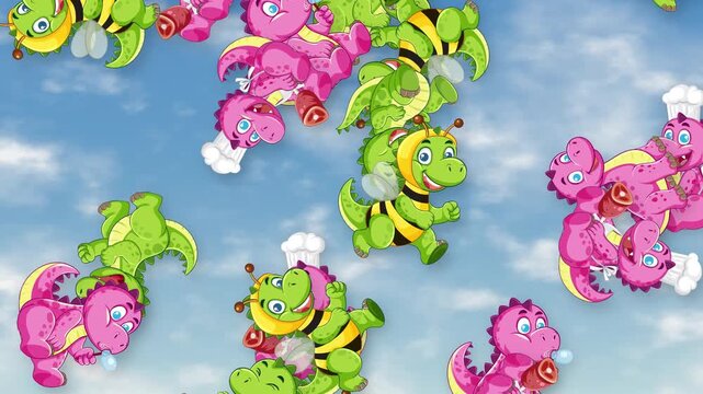 Cartoon Dinosaurs and Bees Falling Through a Blue Cloudy Sky