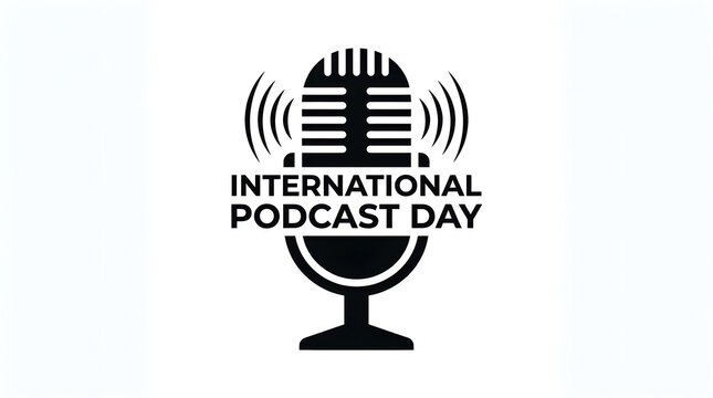 International podcast day black and white emblem featuring a retro microphone with sound wave icon