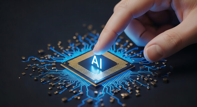 Human finger touching a glowing AI computer microchip processor, representing artificial intelligence technology and future digital innovation