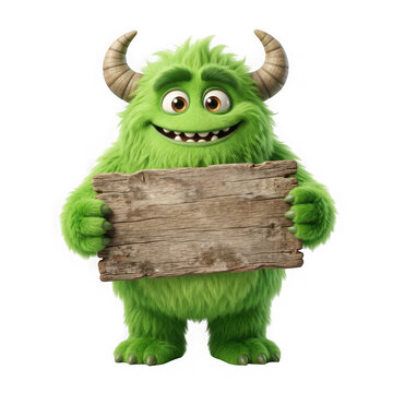 3d illustration of a cute green furry monster holding a blank wooden sign isolated on transparent background