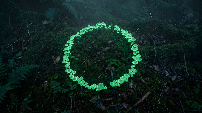 Bioluminescent green mushrooms growing in a perfect circle on a dark mossy forest floor