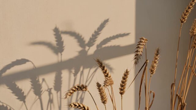 Golden dry wheat ears standing against a beige wall while their shadows. Cast by the warm sunset light from a window. Slowly move across the surface in a calm. Aesthetic