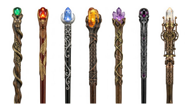 Collection of seven fantasy magic wands with different crystals and ornate handles isolated on transparent background