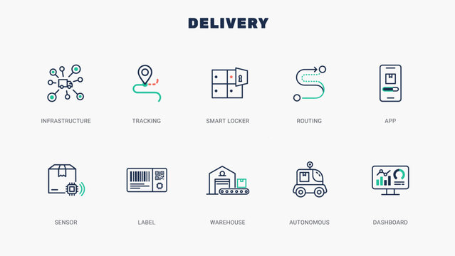 Digital delivery infrastructure vector icons for technology &ndash; Ideal for logistics dashboards, smart locker apps, or routing software.
