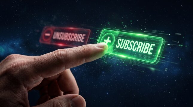 Finger pressing a glowing green subscribe button on a digital interface with unsubscribe option