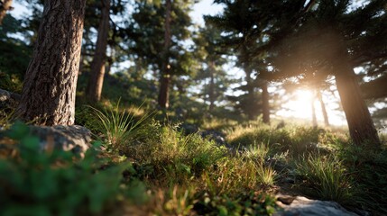 Naklejka premium Sunlit Forest Floor: A breathtaking vista of a forest floor bathed in ethereal sunlight, with tall trees casting long shadows and lush greenery carpeting the ground.