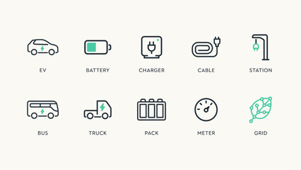 Naklejka premium Clean EV vector icon sheet with charging cable and bus – Ideal for sustainable urban transit, battery tech, or energy systems.