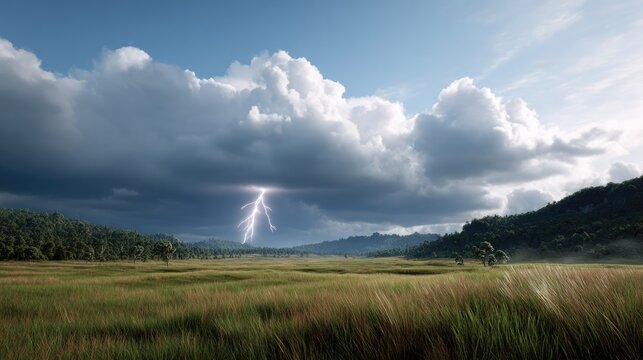 Dramatic Lightning Over Serene Landscape: A powerful lightning strike illuminates the stormy sky above a tranquil, sun-drenched grassy plain bordered by lush green hills and dense forest.