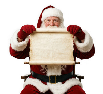 Santa claus holding a blank vintage parchment scroll isolated on transparent background