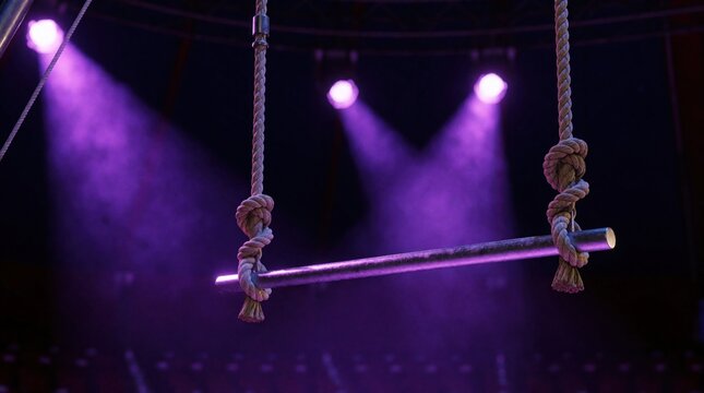 Trapeze bar with thick ropes hangs in circus arena. Purple spotlights shine through dark smoke in empty theater. Pro acrobatic equipment ready for aerial performance. 3D render shows stage setup for