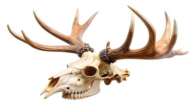 Close-up of a deer skull with antlers on white background.