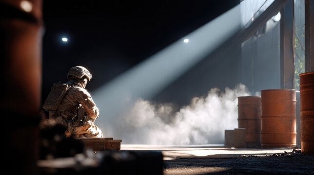 A Solitary Sentinel: A lone soldier, clad in camouflage, sits amidst barrels and debris, a dramatic shaft of light illuminating the dusty atmosphere.